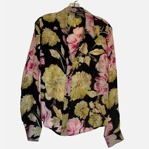 Linda Allard Ellen Tracy 100% Silk Blouse Black Bright Floral Size 10 MSRP$220